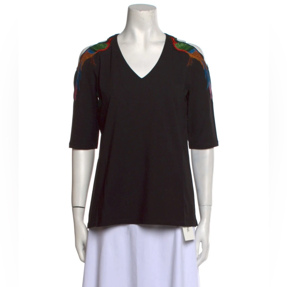 NWT ANNE FONTAINE VICTORIA BLACK OPEN SHOULDER COLORFUL BIRD PEACOCK EMBROIDERY